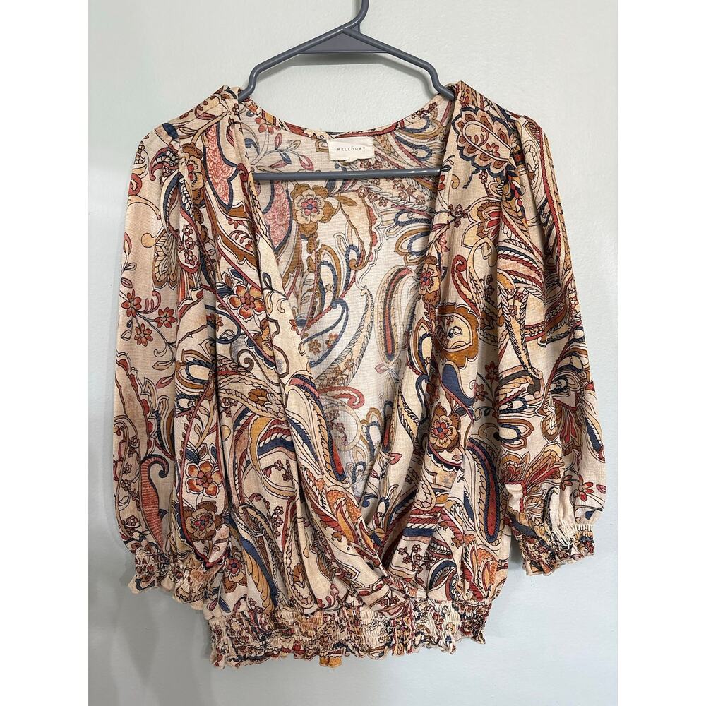 Méloday Paisley Wrap Blouse Size Medium Boho Smocked Waist 3/4 Sleeve
